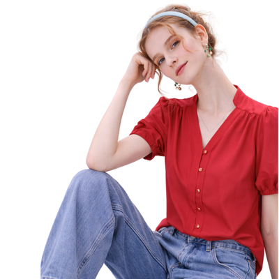 Blusa V Botones Perla Rojo – de tres cuartos