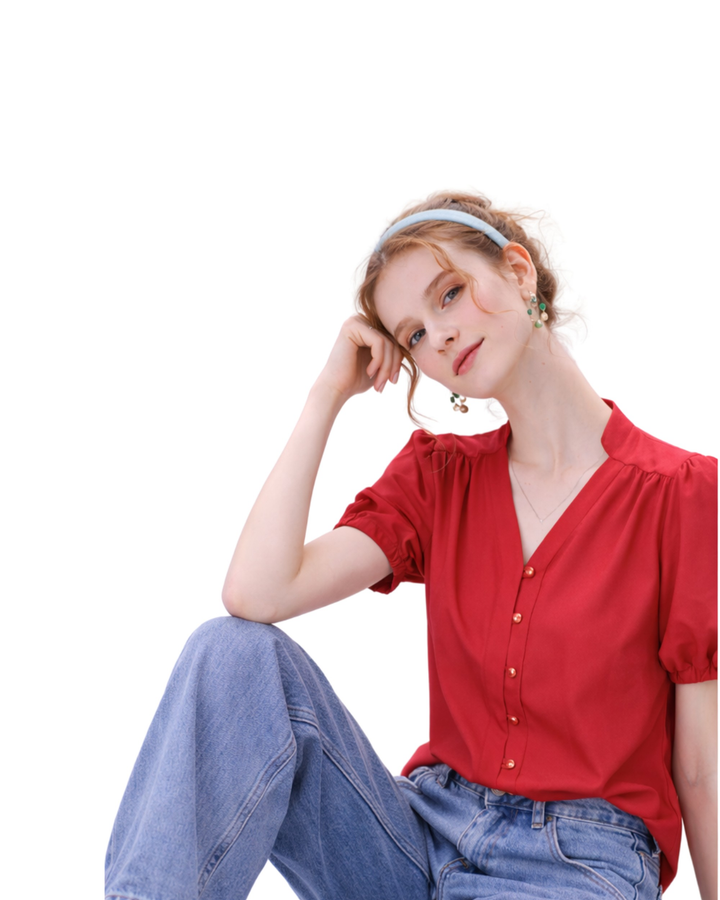 Blusa V Botones Perla Rojo – de tres cuartos