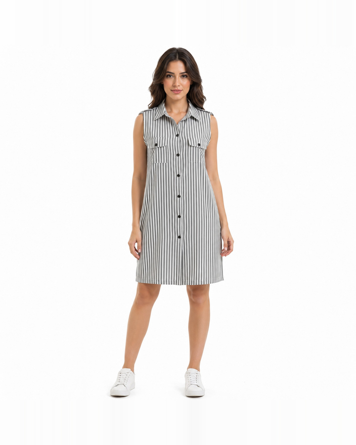 Vestido Camisero Rayas Negro – de frente