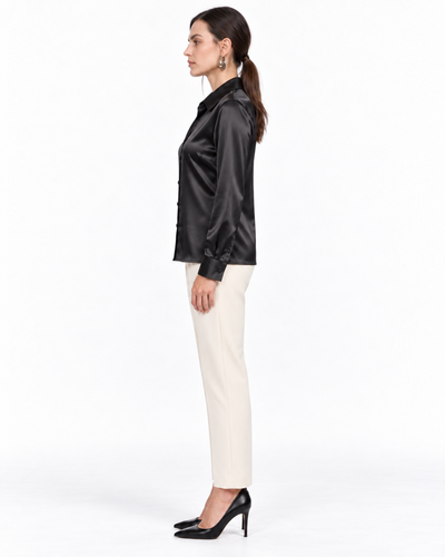 Blusa Satén Botón Joya Negro – lateral