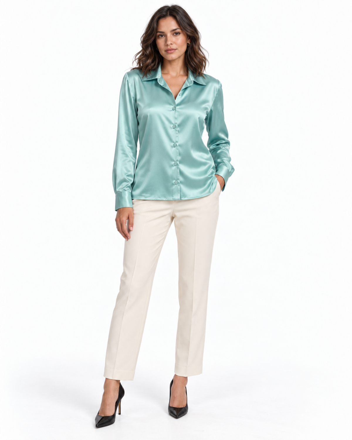 Blusa Satén Botón Joya Azul – frente