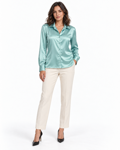 Blusa Satén Botón Joya Azul – frente