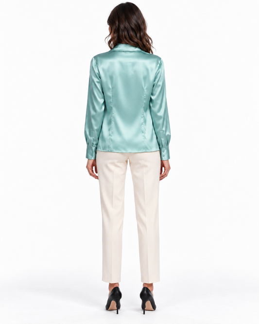 Blusa Satén Botón Joya Azul – espalda