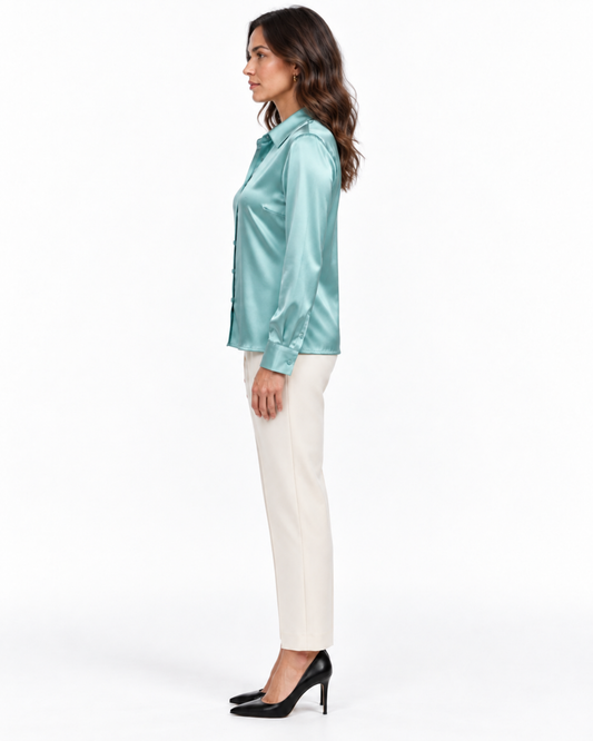 Blusa Satén Botón Joya Azul – lateral