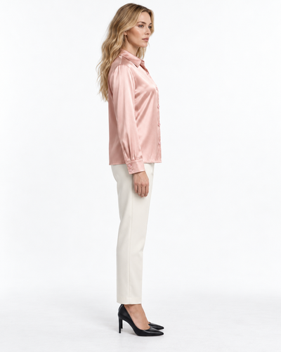 Blusa Satén Botón Joya Rosa – lateral
