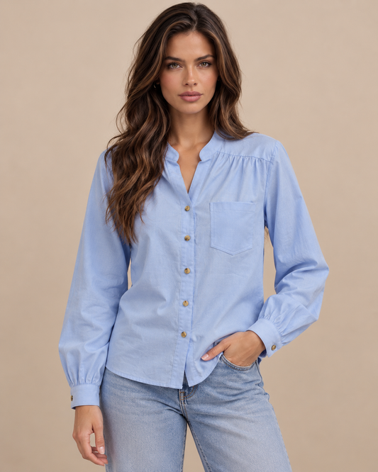Blusa Cuello Mao Botones Azul – de frente