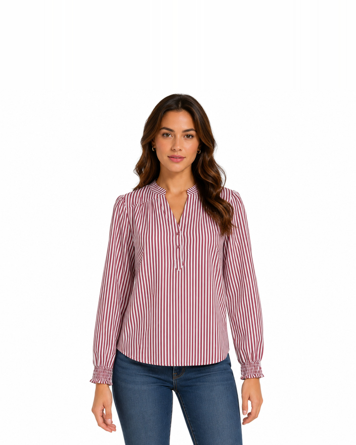 Blusa Rayas Cuello Mao Rojo – de frente
