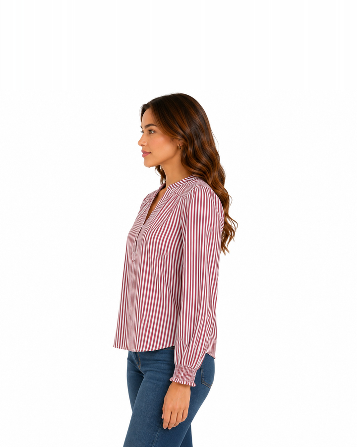 Blusa Rayas Cuello Mao Rojo – de lado