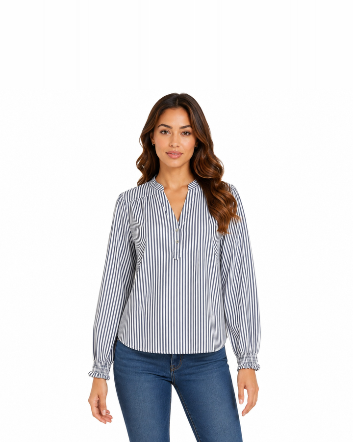 Blusa Rayas Cuello Mao Marino – de frente