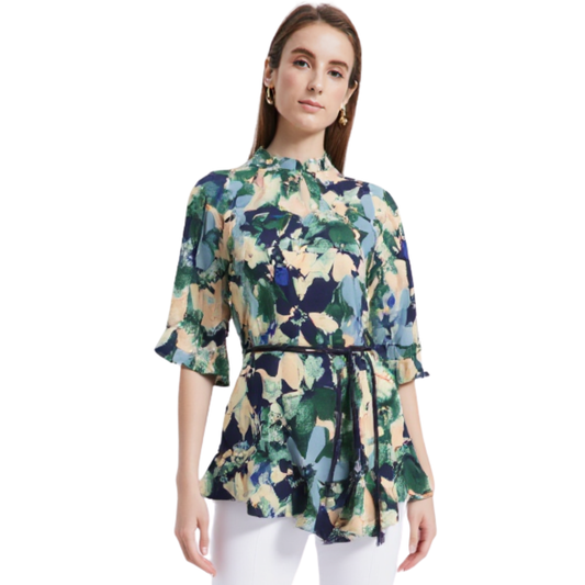 Blusa Floral Peplum Elegante Marino
