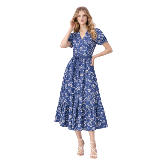 Vestido Midi Floral Romance Azul