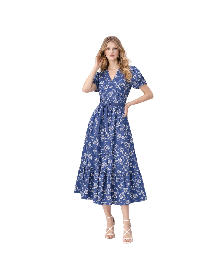 Vestido Midi Floral Romance Azul – de tres cuartos