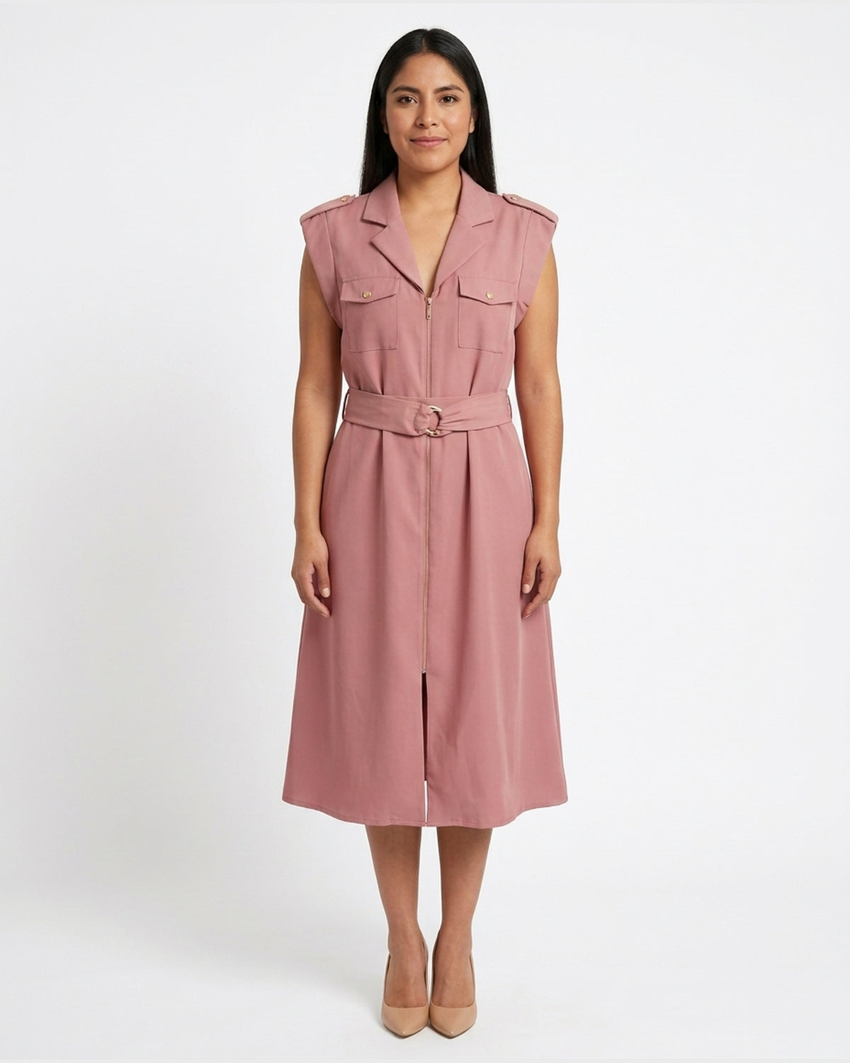 Vestido Safari Hebilla Argolla Rosa – de frente