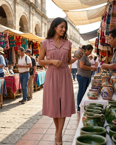 Vestido Safari Hebilla Argolla Rosa – ambientada en el mercado