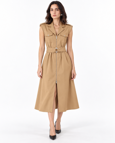 Vestido Safari Hebilla Argolla Khaki – de frente