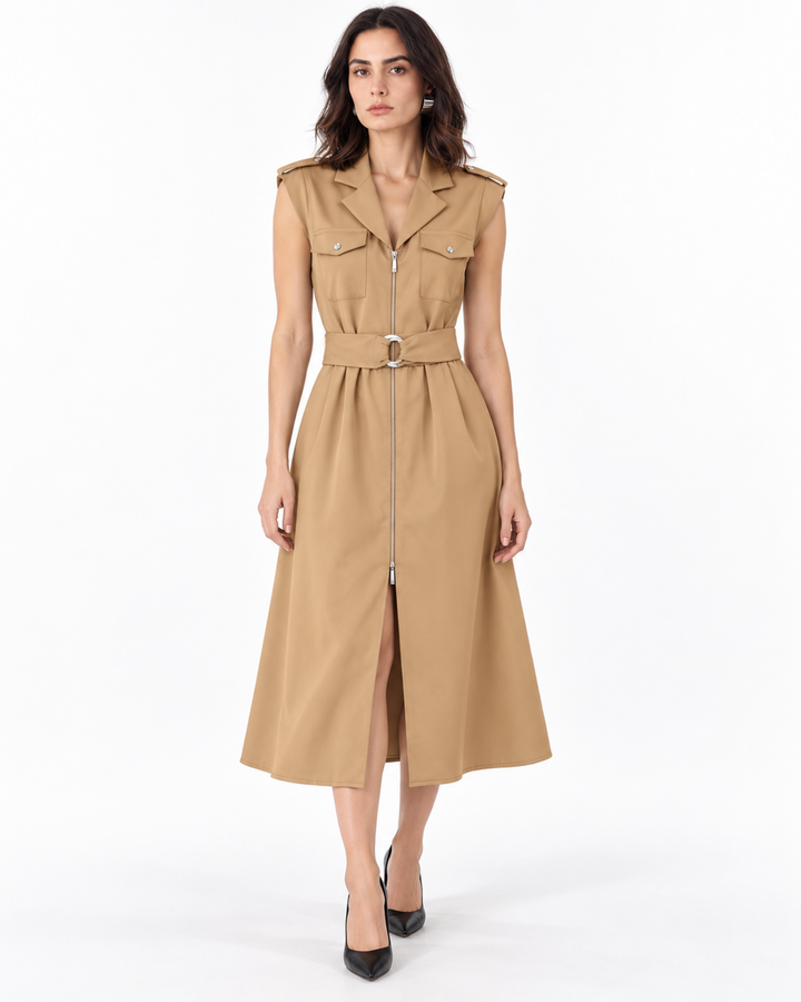 Vestido Safari Hebilla Argolla Khaki – de frente