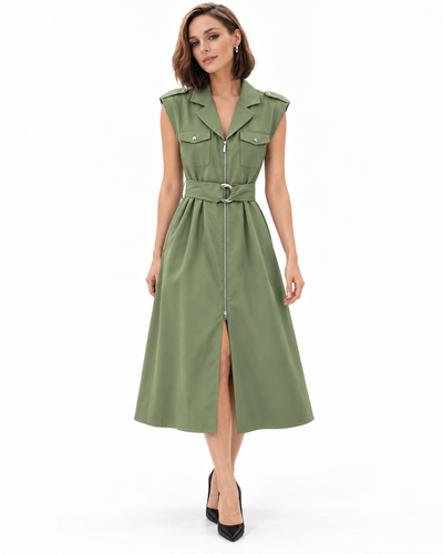 Vestido Safari Hebilla Argolla Olivo – de frente