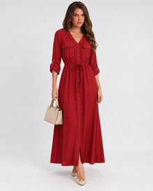 Vestido Camisero Largo Bolsillos Rojo – frente