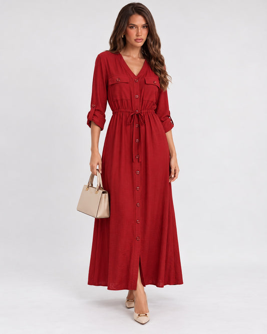 Vestido Camisero Largo Bolsillos Rojo – frente