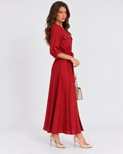Vestido Camisero Largo Bolsillos Rojo – cuerpo completo