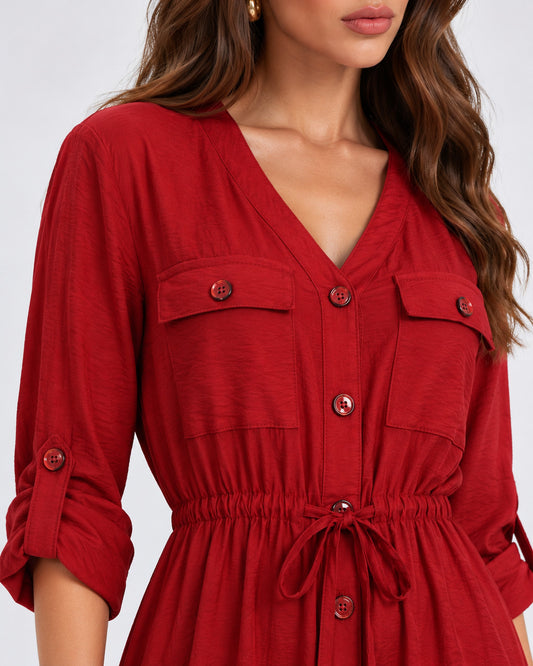 Vestido Camisero Largo Bolsillos Rojo – detalle de la prenda