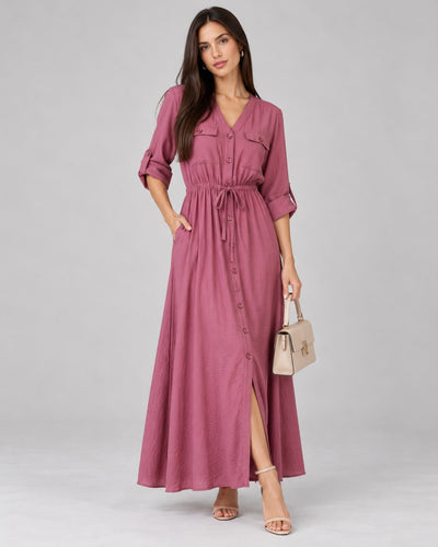 Vestido Camisero Largo Bolsillos Rosa – frente