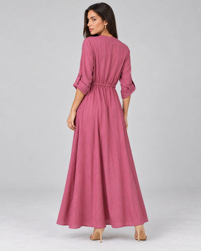 Vestido Camisero Largo Bolsillos Rosa – espalda