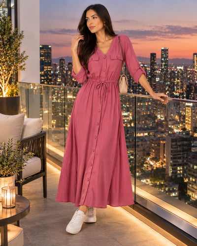 Vestido Camisero Largo Bolsillos Rosa – ambientada