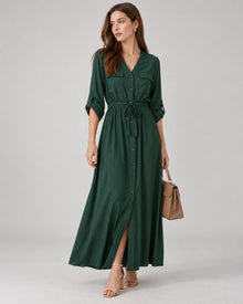 Vestido Camisero Largo Bolsillos Verde – frente