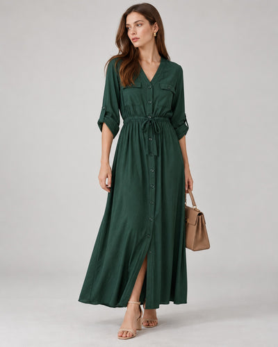 Vestido Camisero Largo Bolsillos Verde – frente