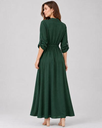 Vestido Camisero Largo Bolsillos Verde – espalda