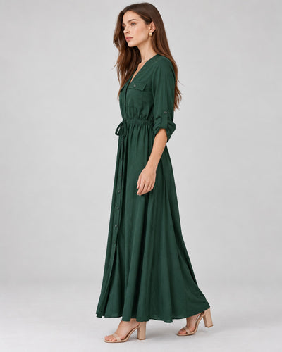 Vestido Camisero Largo Bolsillos Verde – cuerpo completo