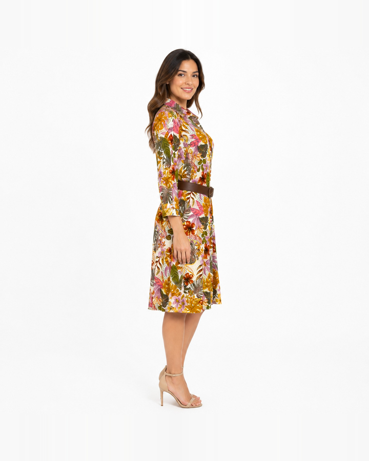 Vestido Camisero Floral Tropical Blanco – de tres cuartos