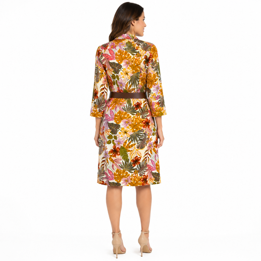 Vestido camisero midi estampado floral con cinturón color Blanco
