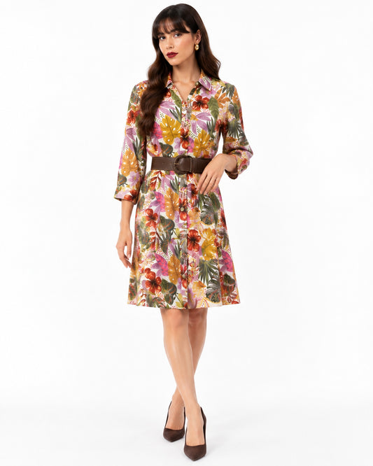 Vestido Camisero Floral Tropical Blanco – de frente