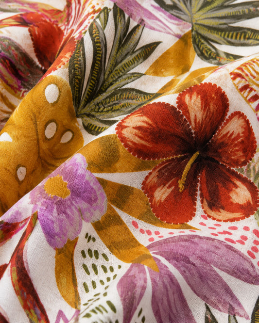 Vestido Camisero Floral Tropical Blanco – detalle de la tela