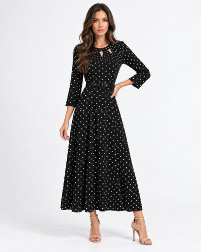 Vestido Largo Lunares Cinturón Negro – frente