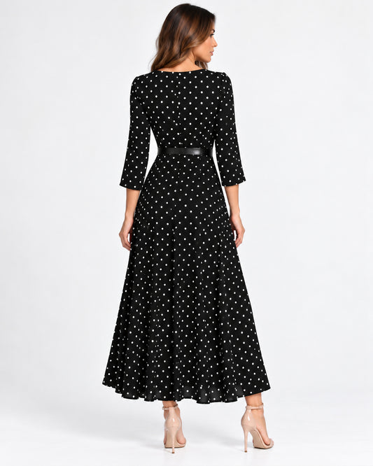 Vestido Largo Lunares Cinturón Negro – espalda