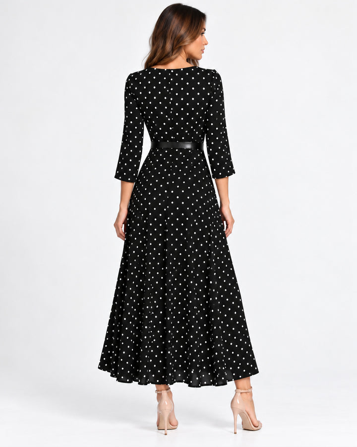 Vestido Largo Lunares Cinturón Negro – espalda