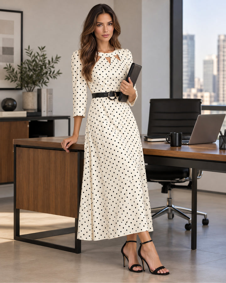 Vestido Largo Lunares Cinturón Hueso – ambientada en oficina