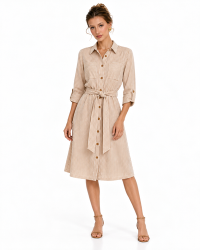 Vestido Camisero Rayas Beige – de frente