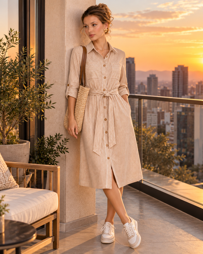 Vestido Camisero Rayas Beige – ambientada