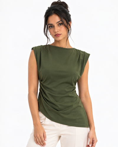 Blusa Drapeada Hombreras Olivo – de frente