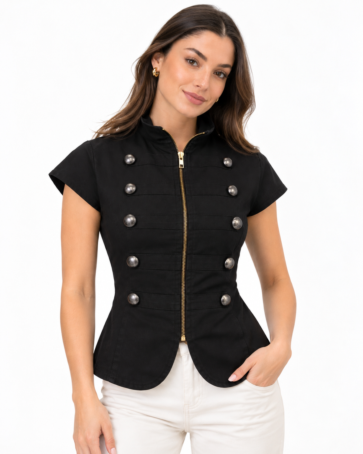 Blusa Militar Botones Metálicos Negro – de frente