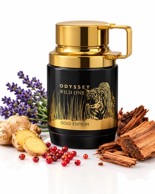 Odyssey Wild One Eau de Parfum de Armaf – frasco con sus notas: pimienta rosa, lavanda, jengibre