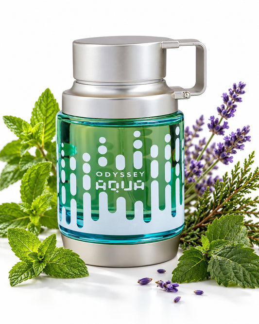 Odyssey Aqua Eau de Parfum de Armaf – frasco con sus notas: menta, lavanda, ambroxán