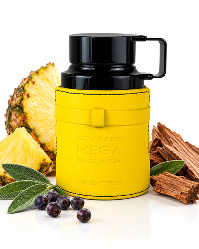 Odyssey Mega Limited Edition Eau de Parfum de Armaf – frasco con sus notas: piña, salvia, enebro