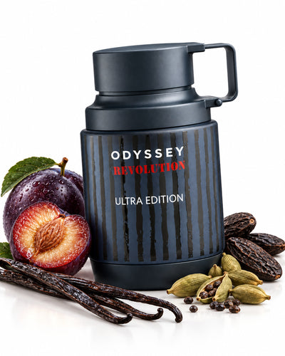 Odyssey Revolution Ultra Edition Eau de Parfum de Armaf – frasco con sus notas: praliné, vainilla, ciruela