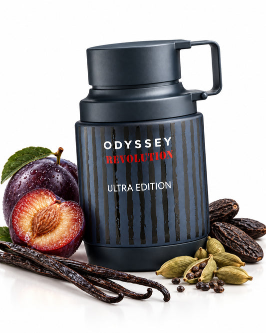 Odyssey Revolution Ultra Edition Eau de Parfum de Armaf – frasco con sus notas: praliné, vainilla, ciruela