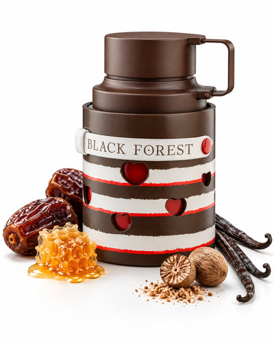 Odyssey Black Forest Eau de Parfum de Armaf – frasco con sus notas: dátiles, miel, nuez moscada
